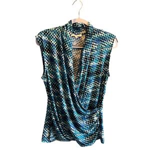 Chaus New York Sleeveless Blouse Top Blue Green Dot Print Mock Neck Size L